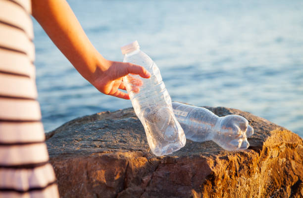 istock Young girl cleans beach, gathering plastic bottles. Close up. 1265944546