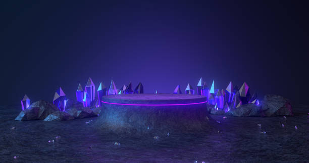 istock 3d rendering of rock podium and blue crystal. 1265951294