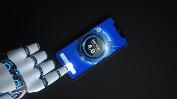 industrie 4.0 - humanoid robot hand click smartphone - industrie imagens e fotografias de stock