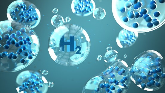 H2 molecule in the bubbles in the liquid. 3d illustration.