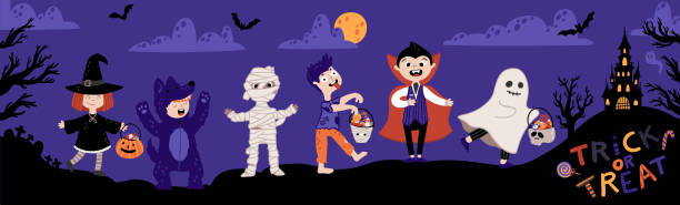 Halloween Kids Costume Party. Kids in various costumes for the holiday. Night sky background, a silhouette of a castle and cemetery. Childish illustration in cartoon hand-drawn style. Trick or Treat. Halloween Kids Costume Party. Kids in various costumes for the holiday. Night sky background, a silhouette of a castle and cemetery. Childish illustration in cartoon hand-drawn style. Trick or Treat mummified stock illustrations