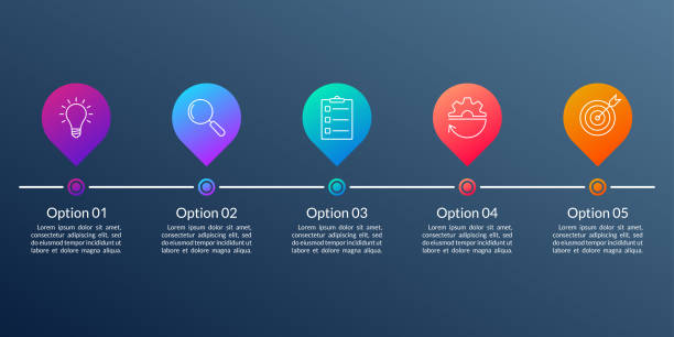 5 schritte, option oder ebenen info grafikdesign mit fünf business-icons. moderne elemente für präsentation, workflow-layout, timeline-infografiken. vektor-illustration. - 7654 stock-grafiken, -clipart, -cartoons und -symbole