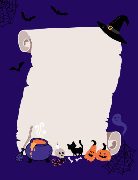 illustrazioni stock, clip art, cartoni animati e icone di tendenza di modello di invito di halloween per la festa in costume per bambini strega. vecchio rotolo di carta con gli attributi di una maga malvagia. gatto nero, calderone, scopa. illustrazione infantile in stile disegnato a mano dei cartoni animati. - halloween witch domestic cat frame