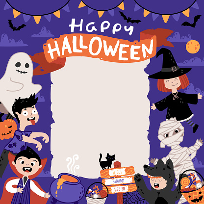Halloween Invitation Template For Kids Costume Party A Group Of Kids In  Various Costumes Cute Childish Illustration In Cartoon Handdrawn Style A  Sheet Of Old Paper And Lettering Stock Illustration - Download