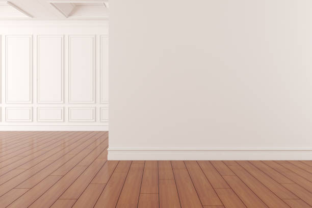 istock 3D render of empty room with wooden floor and classic wall. 1265958014