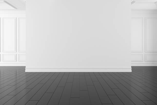 istock 3D render of empty room with wooden floor and classic wall. 1265958015
