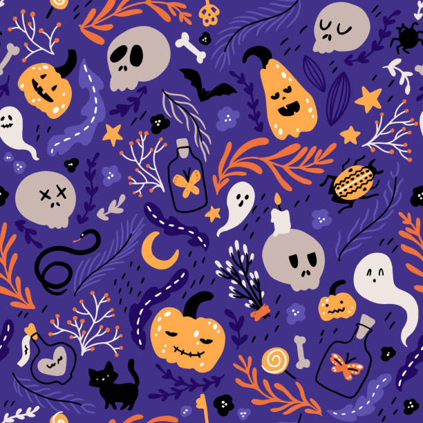 Halloween kids seamless pattern. Childish vector illustration of a cat, skulls, pumpkins and evil elements in a cartoon hand-drawn style on a dark background. Ideal for fabric printing, packaging Halloween kids seamless pattern. Childish vector illustration of a cat, skulls, pumpkins and evil elements in a cartoon hand-drawn style on a dark background. Ideal for fabric printing, packaging. cat witch stock illustrations