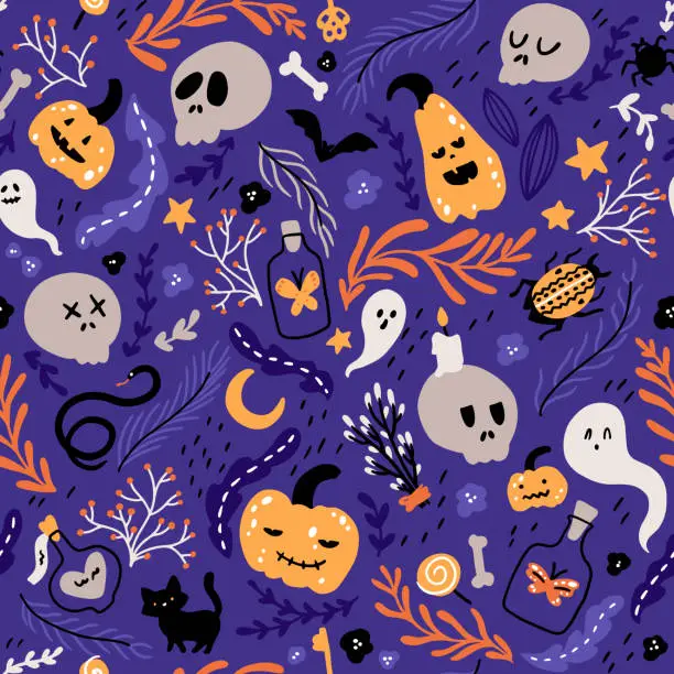 Vector illustration of Halloween kids seamless pattern. Childish vector illustration of a cat, skulls, pumpkins and evil elements in a cartoon hand-drawn style on a dark background. Ideal for fabric printing, packaging