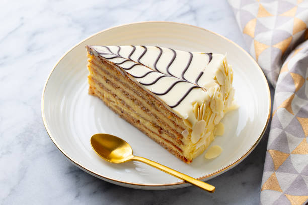 istock Traditional Hungarian Esterhazy cake, torte. Marble background. Close up. 1265958090