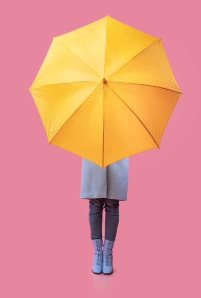 Portrait of young girl holding yellow umbrella Full length of unrecognizable model in autumn clothes hiding behind yellow umbrella, vertical studio shot woman legs open stock pictures, royalty-free photos & images