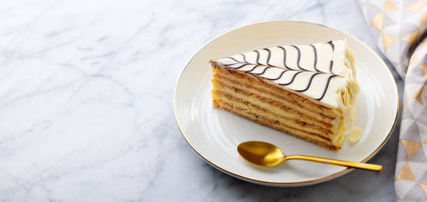 istock Traditional Hungarian Esterhazy cake, torte. Marble background. Copy space. 1265958282