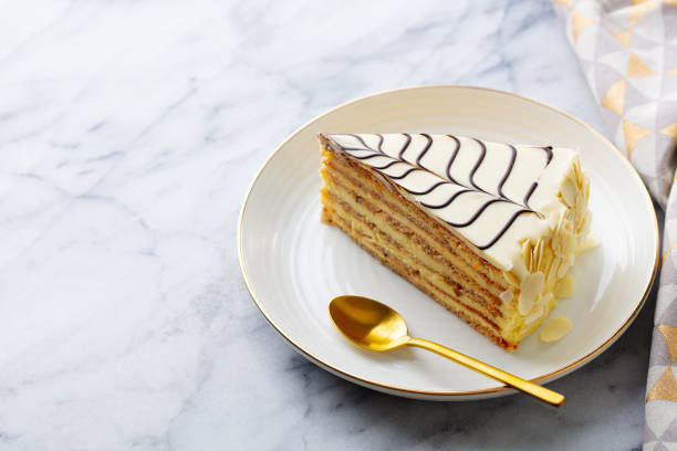 istock Traditional Hungarian Esterhazy cake, torte. Marble background. Copy space. Close up. 1265960556