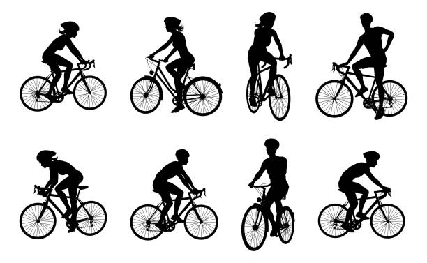 zestaw sylwetek rowerowych i rowerzystów - silhouette men outline adults only stock illustrations