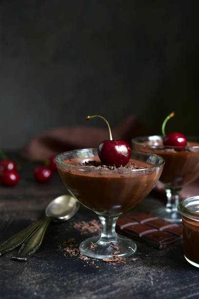 istock Homemade delicious chocolate mousse or pannacota with cherry 1265963870
