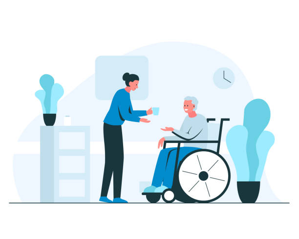 pielęgniarka dając szklankę wody do starszego mężczyzny na wózku inwalidzkim. wektorowa ilustracja koncepcyjna młodej uśmiechniętej pielęgniarki pomagającej starszemu mężczyźnie na wózku inwalidzkim w przytulnym wnętrzu z roślinami i donic - proces starzenia się ilustracje stock illustrations