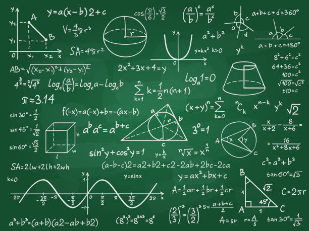 illustrations, cliparts, dessins animés et icônes de théorie des maths. calcul mathématique sur tableau de classe. algèbre et science de la géométrie formules manuscrites concept d’éducation vectorielle - symbole scientifique