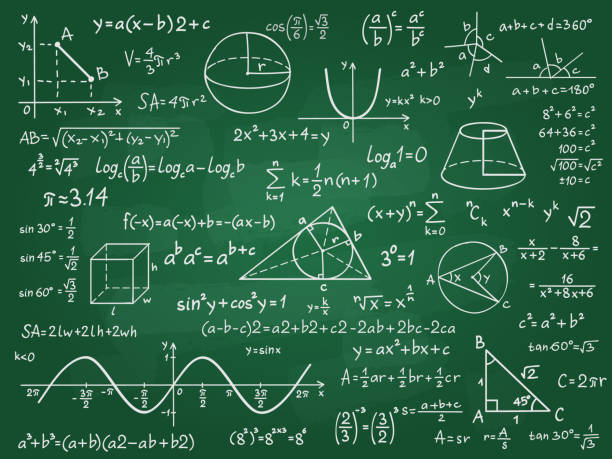 Math theory. Mathematics calculus on class chalkboard. Algebra and geometry science handwritten formulas vector education concept Math theory. Mathematics calculus on class chalkboard. Algebra and geometry science handwritten formulas vector education concept. Formula and theory on blackboard, science study illustration mathematical symbol stock illustrations