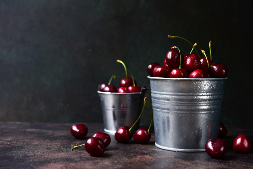 Fresh ripe organic cherry in a metal bucket