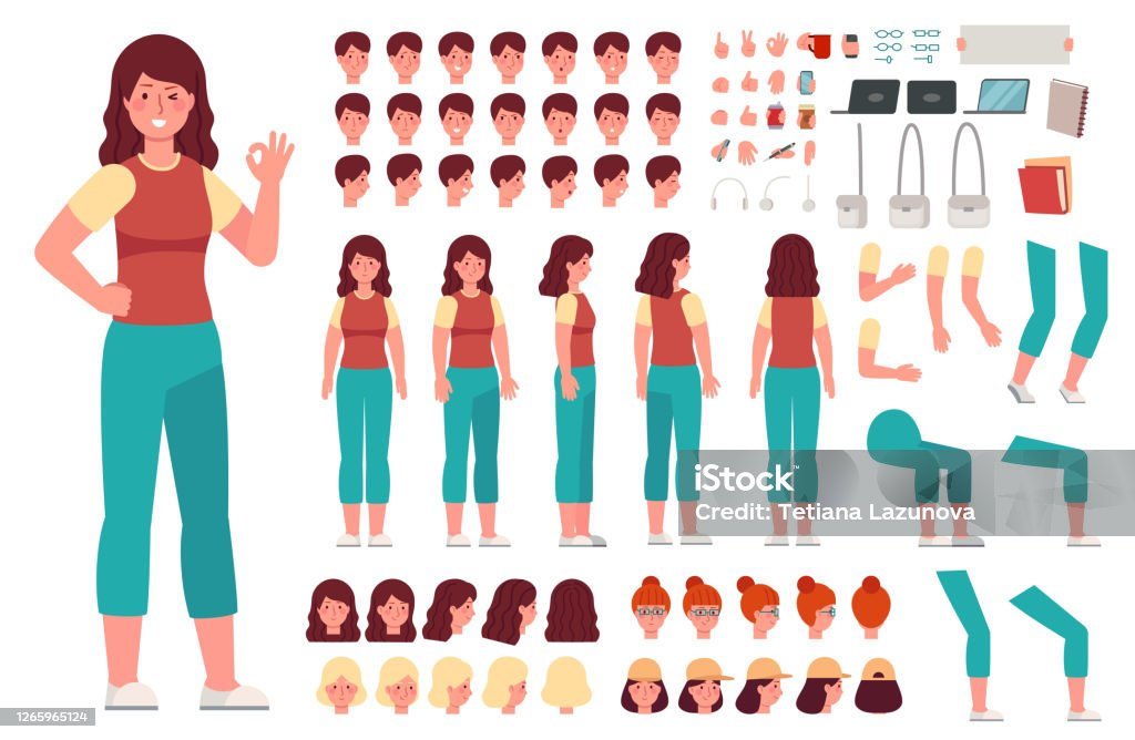 Ilustración de Kit De Personajes Femeninos De Dibujos Animados Mujer Ropa  Casual Animación Partes Del Cuerpo Chica Constructora Con Gestos De La Mano  Y Varias Cabezas Conjunto De Vectores y más Vectores