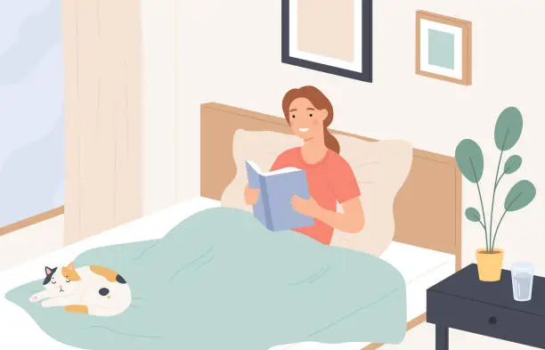 Vector illustration of Woman reading in bed. Young girl reads book and relaxes on sofa. Lazy home rest, reading literature before sleeping, flat vector concept
