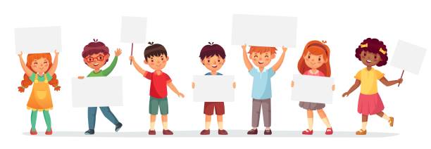 ilustrações de stock, clip art, desenhos animados e ícones de kids holding banners. vector boy and girl - computer graphic child school children small