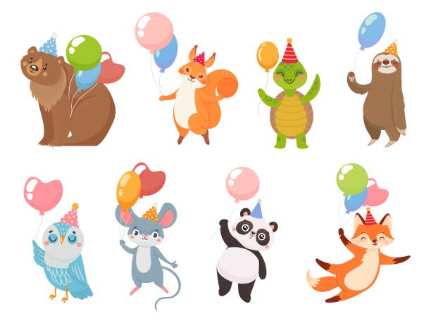 звери с воздушными шарами, поздравление с днем рождения - text animal owl icon set stock illustrations