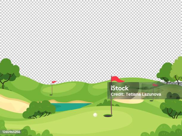 골프 배경 초대 카드 포스터 및 배너 자선 놀이 토너먼트 벡터 템플릿에 대한 구멍과 붉은 깃발녹색 골프 코스 골프에 대한 스톡 벡터 아트 및 기타 이미지