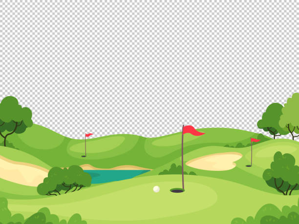 Golf background. Green golf course with hole and red flags for invitation card, poster and banner, charity play tournament vector template Golf background. Green golf course with hole and red flags for invitation card, poster and banner, play tournament vector template. Golf flag on green grass, competition and leisure illustration golf designs stock illustrations