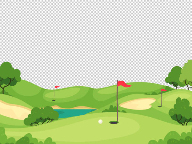Golf background. Green golf course with hole and red flags for invitation card, poster and banner, charity play tournament vector template Golf background. Green golf course with hole and red flags for invitation card, poster and banner, play tournament vector template. Golf flag on green grass, competition and leisure illustration play day stock illustrations