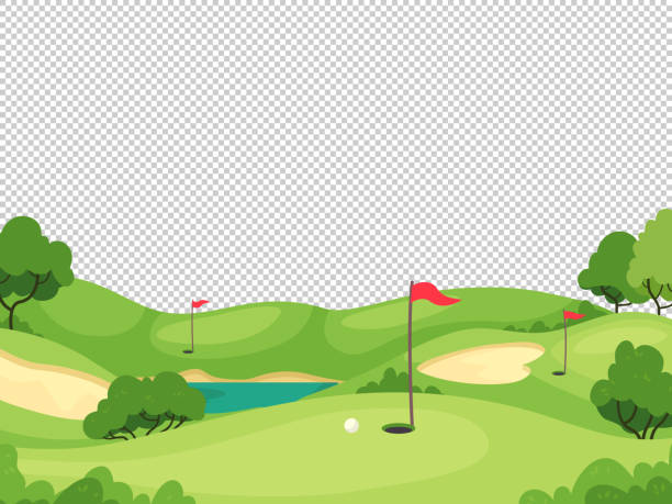 Golf background. Green golf course with hole and red flags for invitation card, poster and banner, charity play tournament vector template Golf background. Green golf course with hole and red flags for invitation card, poster and banner, play tournament vector template. Golf flag on green grass, competition and leisure illustration hole cards stock illustrations