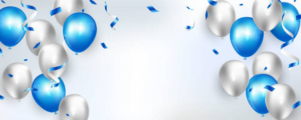 istock Celebration party banner with Blue color balloons background. Sale Vector illustration. Grand Opening Card luxury greeting rich. 1265965312