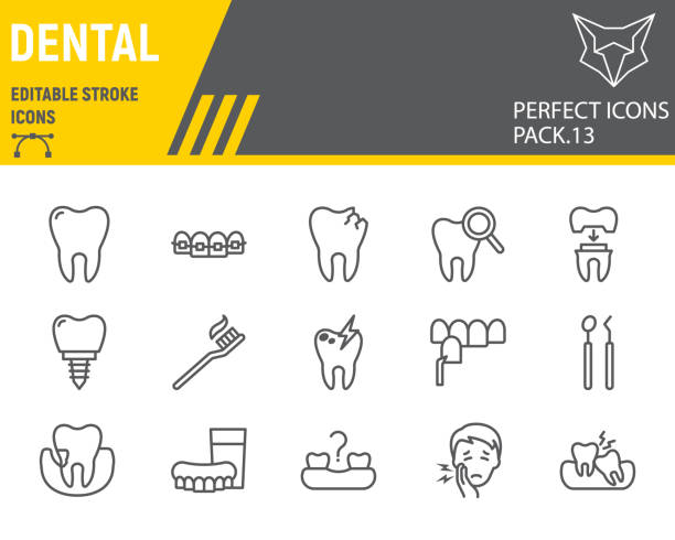 diş çizgi simge seti, diş hekimliği koleksiyonu, vektör çizimleri, logo çizimleri, ortodonti simgeleri, stomatoloji kliniği işaretleri lineer piktogramlar, editable inme. - dişler lar stock illustrations