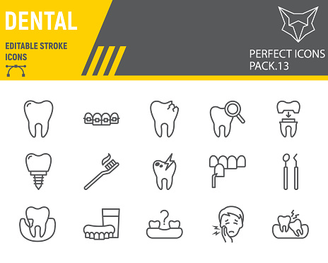 Dental line icon set, dentistry collection, vector sketches, logo illustrations, orthodontics icons, stomatology clinic signs linear pictograms, editable stroke