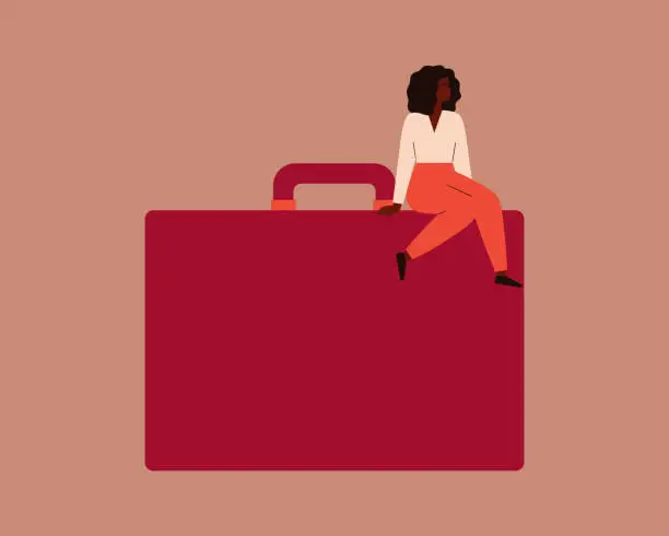 Vector illustration of Confident black businesswoman sits on a large red briefcase.