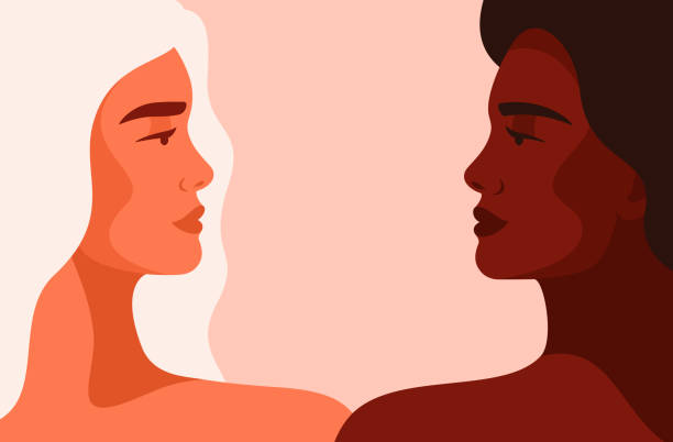 Adorable young women are looking face to face. Adorable young women are looking face to face. Friendship poster, the union of feminists or sisterhood. The concept of gender equality. Vector only women illustrations stock illustrations