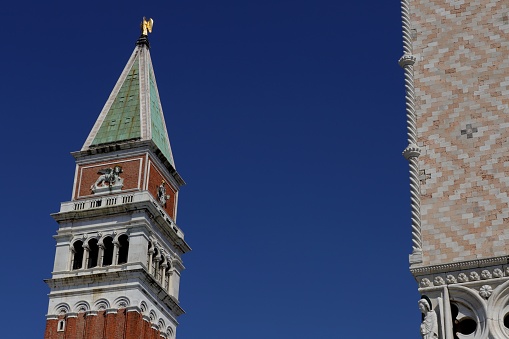 View of a bell tower at Venice, Italy.