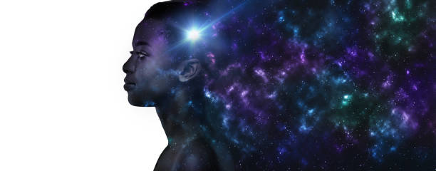 Black woman profile with space background, panorama Universe inside us. Black woman profile with galaxy illustration over white background, panorama with copy space woman fortune telling stock pictures, royalty-free photos & images