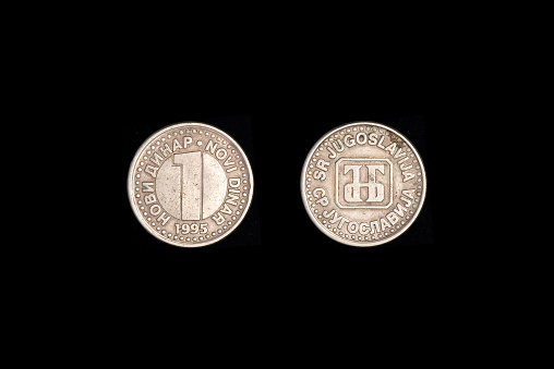 Coin 1 Novi Dinar Yugoslavia. Black background