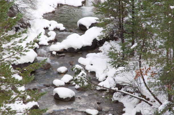 Sia River with its snow-covered banks. Pyrenees. Huesca. Aragon. Spain.