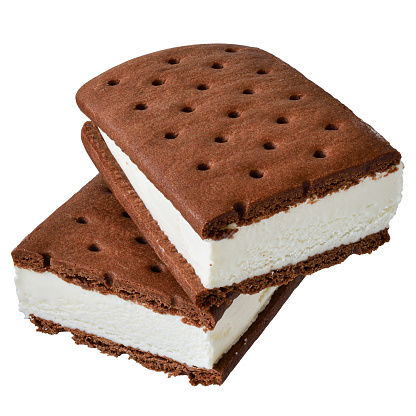 ice cream vanilla sandwich in chocolate chip cookies isolated on a white background.