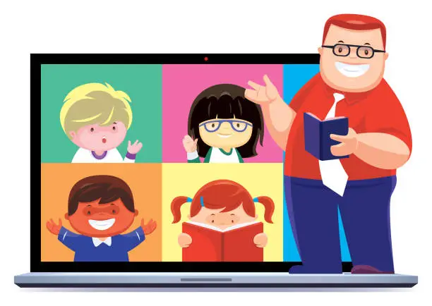 Vector illustration of teacher teaching students via laptop