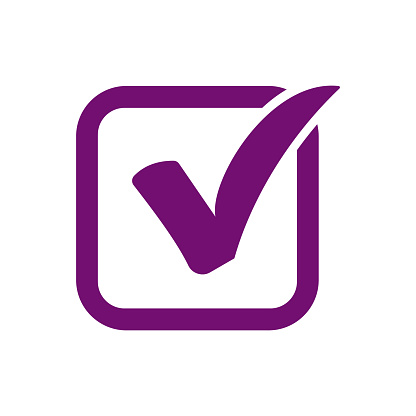 Purple check mark icon in a box. vector illustration