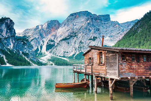 Boathouse at the Lago di Braies in Dolomiti Mountains - Italy, Europe