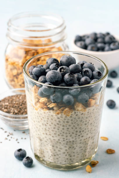 istock Chia pudding with fresh blueberries and granola in glass on concrete background 1266030115