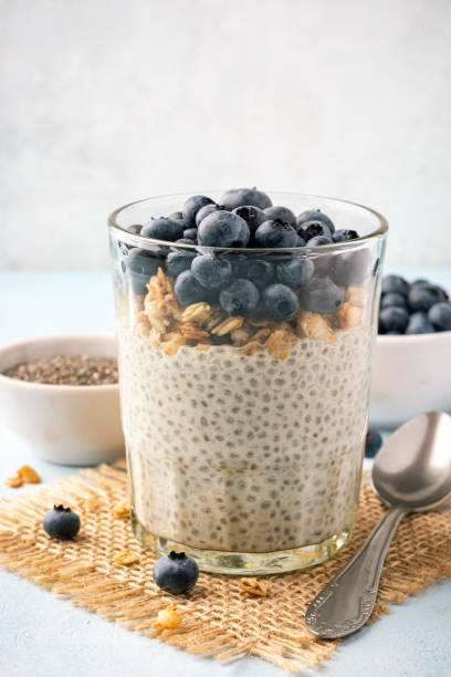 istock Chia pudding with fresh blueberries and granola in glass on concrete background 1266030122