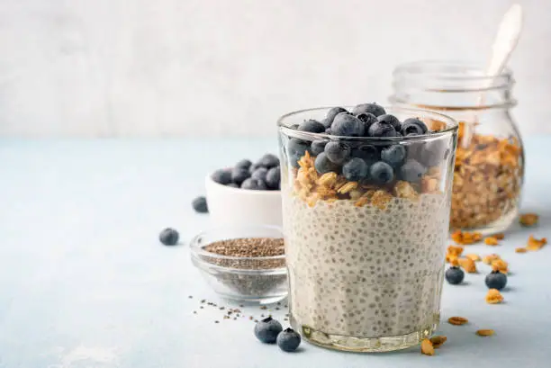 Chia pudding with fresh blueberries and granola in glass on concrete background. Selective focus.