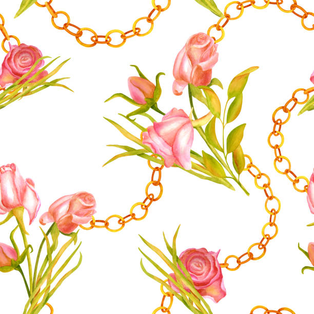 ilustraciones, imágenes clip art, dibujos animados e iconos de stock de rosas secas de acuarela, hojas y cadenas doradas patrón sin costura. ilustración romántica vintage dibujada a mano aislada sobre fondo blanco. textura floral de otoño para tarjetas, decoración, papel pintado, textil. - rose pattern yellow dried plant