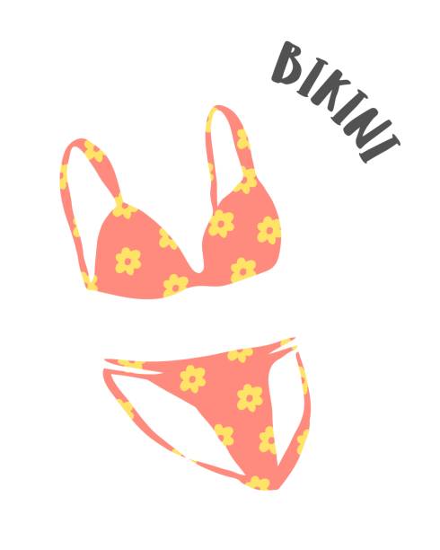 Summer swimsuit bikini drawing hand painted with ink Summer flower swimsuit bikini drawing hand painted with ink brush isolated on white background. Vector illustration polka dot bathing suit stock illustrations