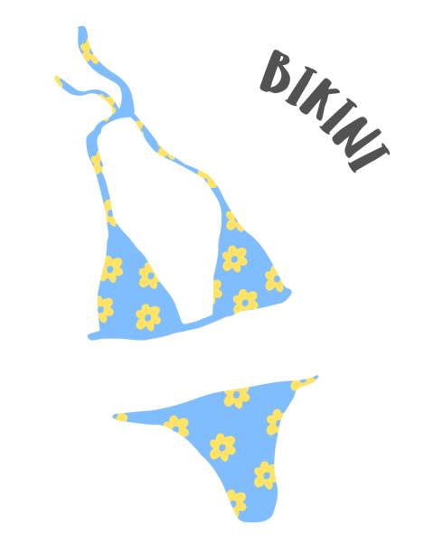 Summer swimsuit bikini drawing hand painted with ink Summer flower swimsuit bikini drawing hand painted with ink brush isolated on white background. Vector illustration polka dot bathing suit stock illustrations