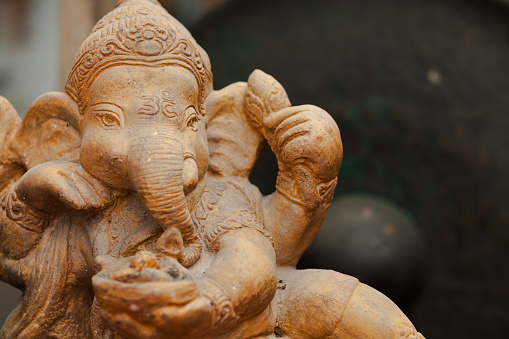 Elephant brown souvenir wood homemade article carving animal figure on green background, Sri Lanka